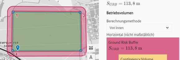 Dropdown Auswahl zur Berechnungsmethode "Von innen" mit  Kartendarstellung des Betriebsvolumens. Die eingezeichnete Geometrie entspricht der Flight Geography. Das Contingency Volume und der Ground Risk Buffer sind außen der Geometrie hinzugefügt. 