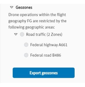 Listing of affected geozones with active "Export geozones" button