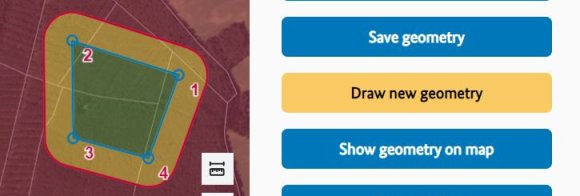 Volume planner section with map display of the operational volume with ground risk buffer in edit mode. The "Save geometry" button is available in the "Geometry" menu